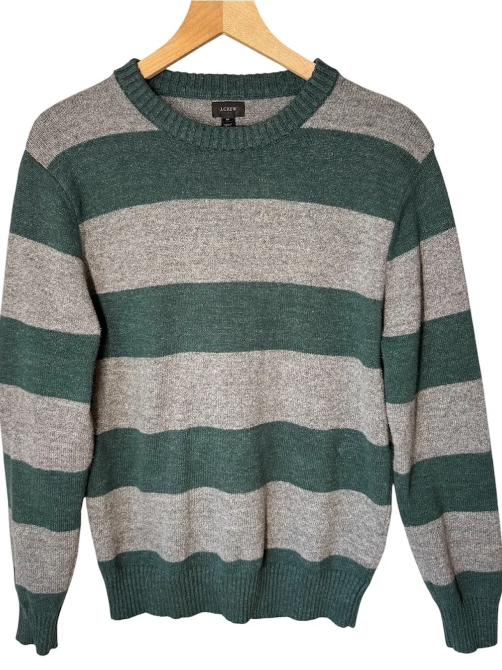 J. CREW Men’s Forest Green Gray Rugby Stripe Wool Blend Y2K Preppy Sweater Sz M